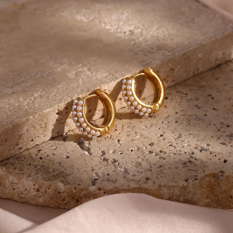 Gold Pearl Huggie Hoop Earrings - Image 4