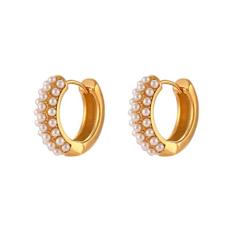 Gold Pearl Huggie Hoop Earrings