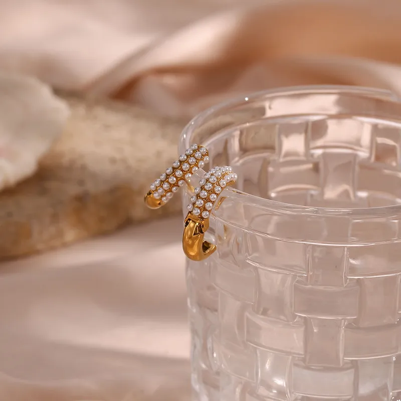 Gold Pearl Huggie Hoop Earrings - Image 2