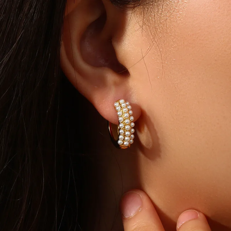 Gold Pearl Huggie Hoop Earrings - Image 3