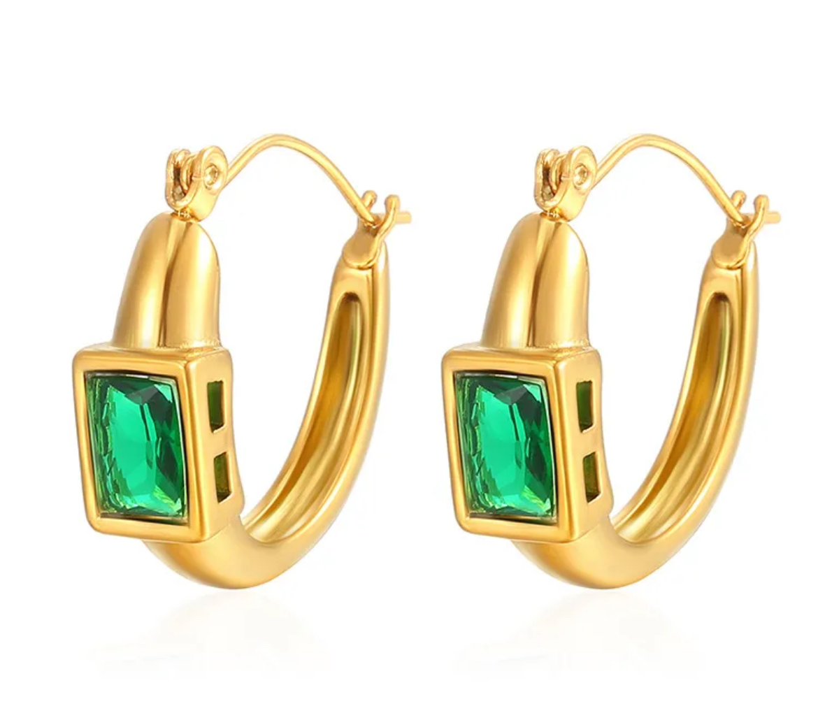 Gold Hoop Earrings with Emerald Green Stone