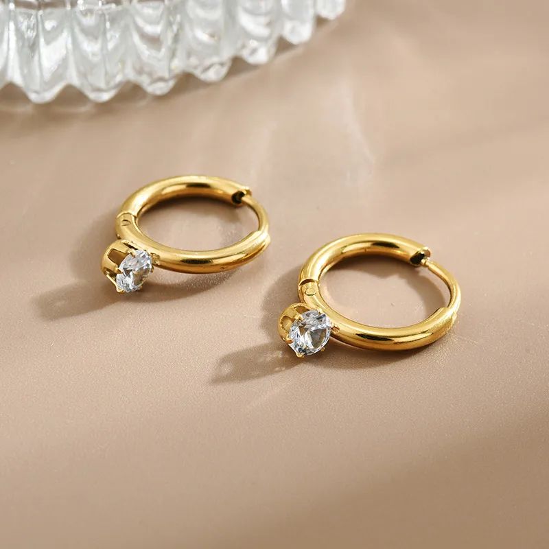 Gold Hoop Earrings with Center Stone - Image 2