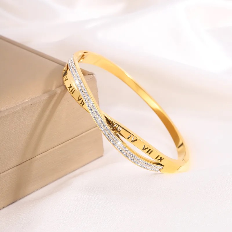 Rose Gold Roman Numeral Crossover Bangle - Image 2