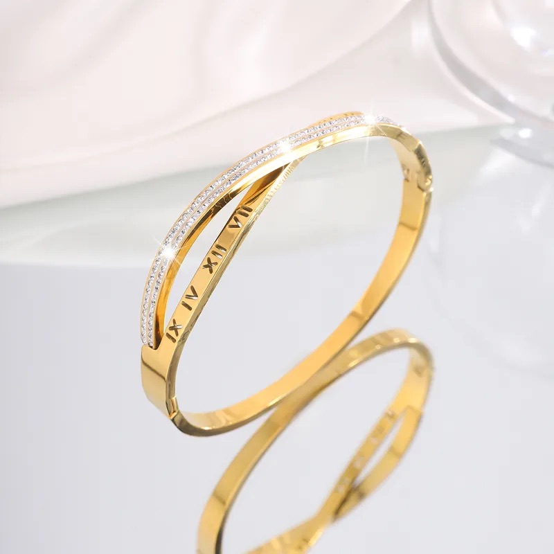 Rose Gold Roman Numeral Crossover Bangle - Image 3