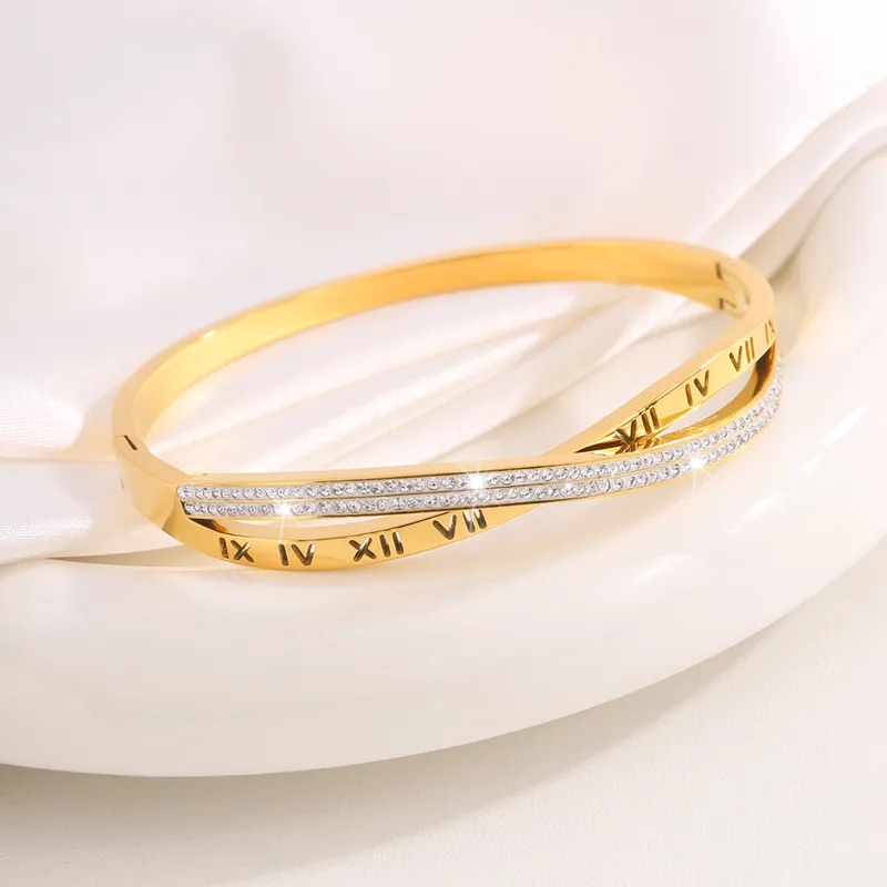 Rose Gold Roman Numeral Crossover Bangle - Image 4