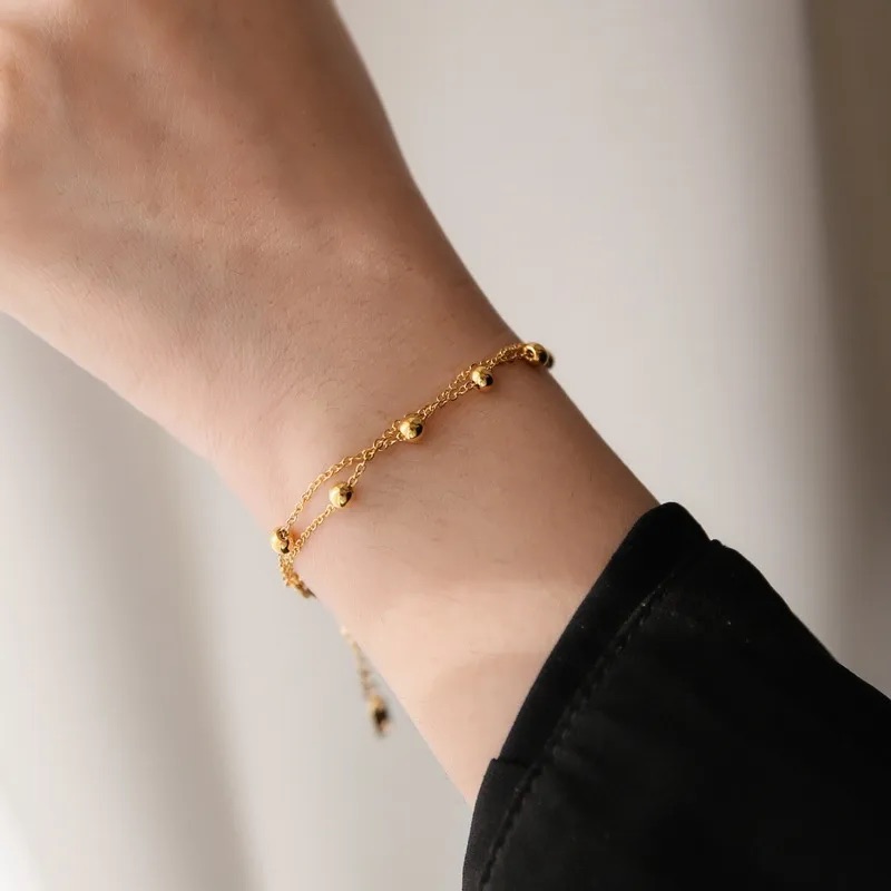 Gold Beaded Double Chain Bracelet - Image 4