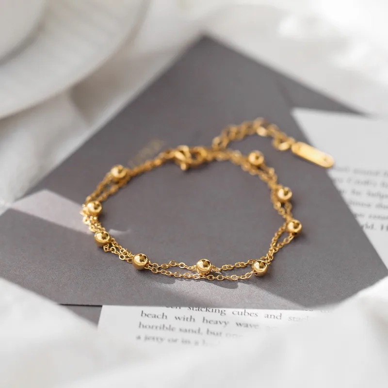 Gold Beaded Double Chain Bracelet - Image 3