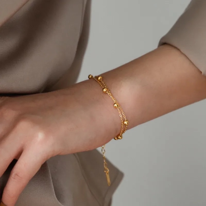 Gold Beaded Double Chain Bracelet - Image 2
