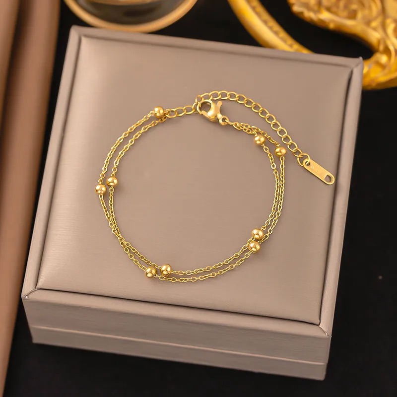 Gold Beaded Double Chain Bracelet - Image 5