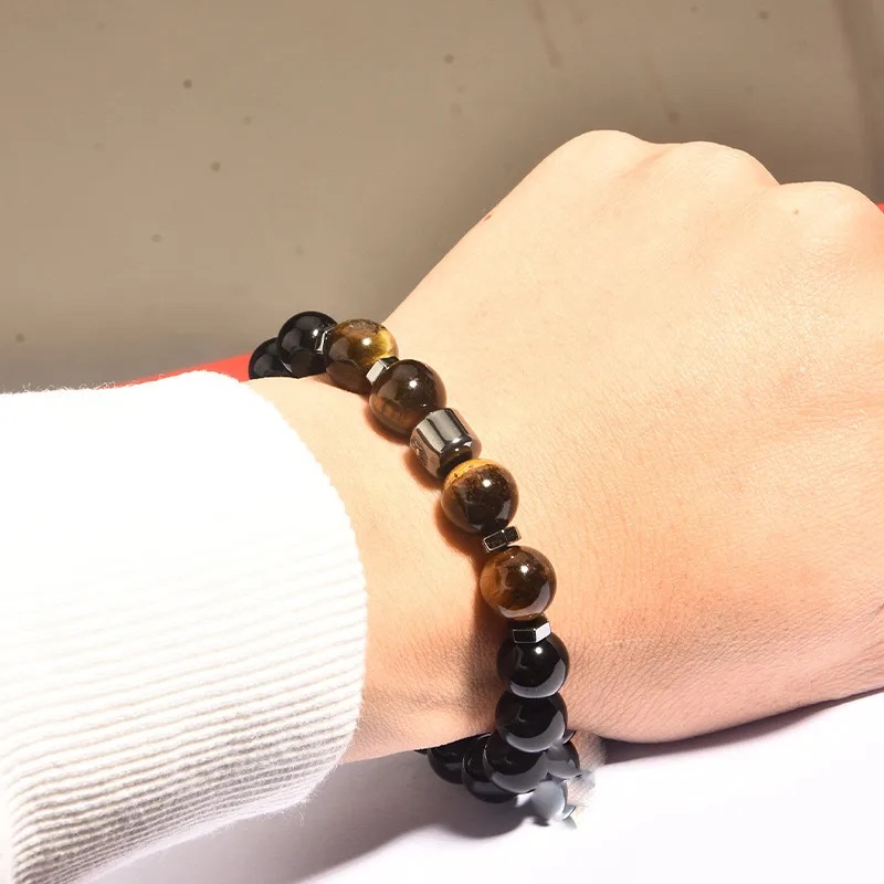 Black Onyx & Tiger Eye Adjustable Beaded Bracelet - Image 2