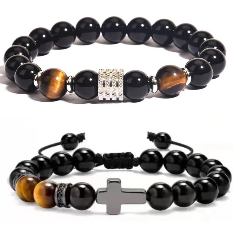 Black Onyx & Tiger Eye Adjustable Beaded Bracelet - Image 3