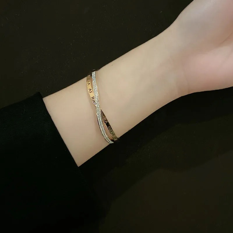 Rose Gold Roman Numeral Crossover Bangle - Image 7