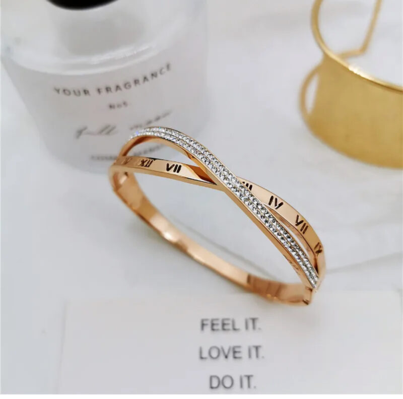 Rose Gold Roman Numeral Crossover Bangle - Image 8