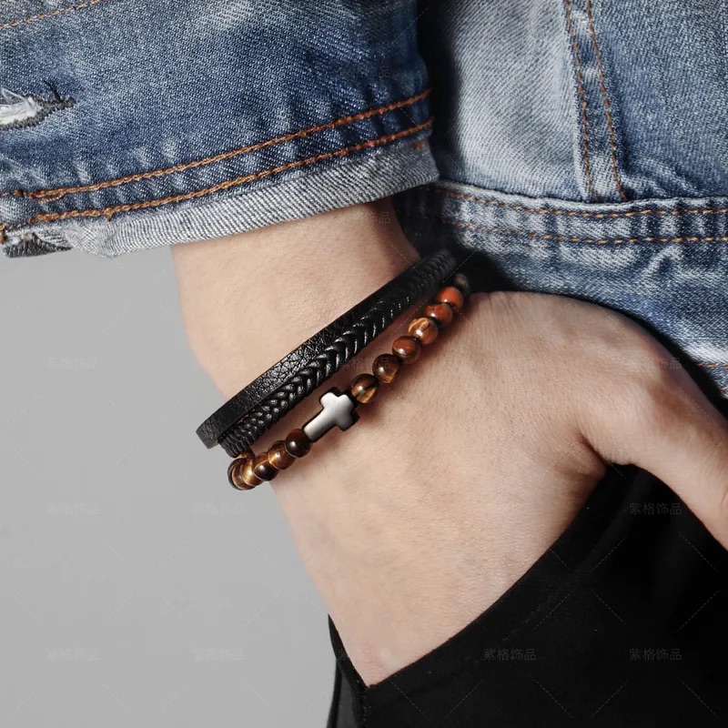 Tiger's Eye & Leather Layered Bracelet - Image 2