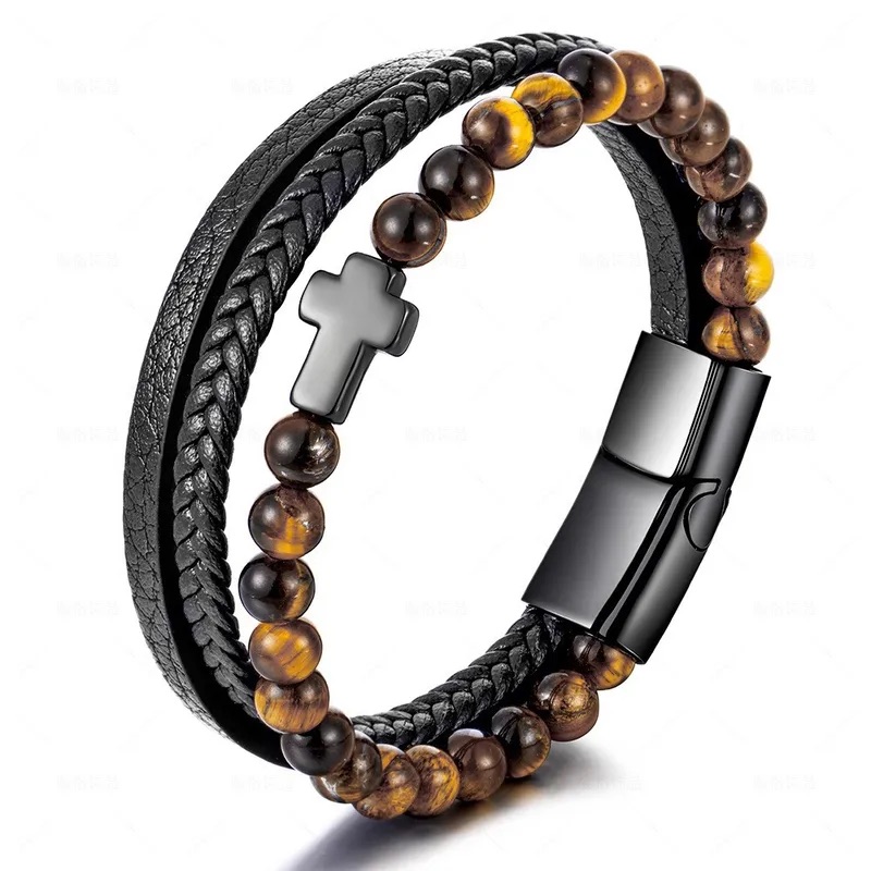 Tiger's Eye & Leather Layered Bracelet - Image 3