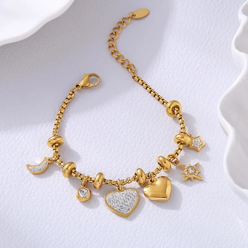 Charm Bracelet with Hearts, Moon, and Star