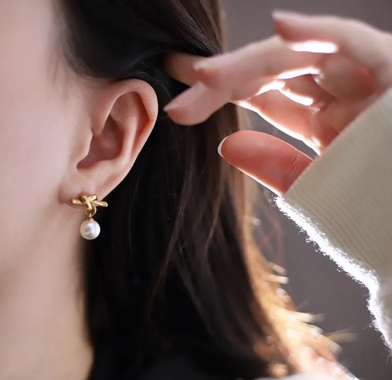 Celeste Knot Pearl Drop Earrings - Image 5