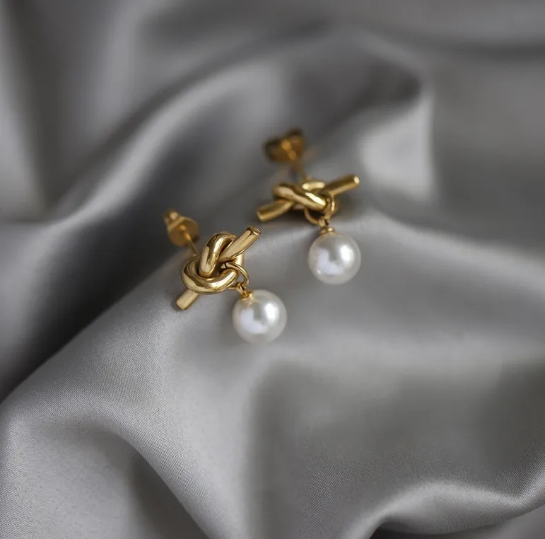 Celeste Knot Pearl Drop Earrings - Image 4
