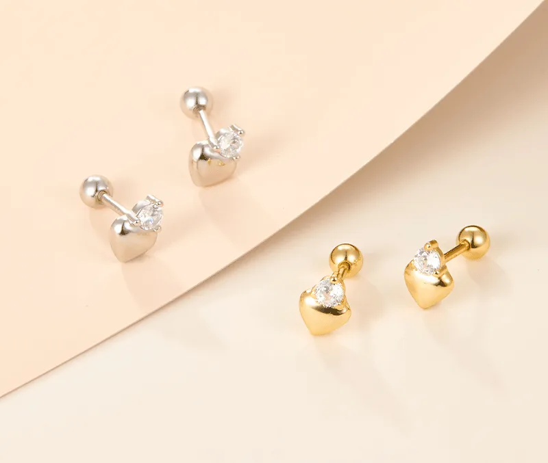 Sterling Silver Heart Stud Earrings with Crystal Accent