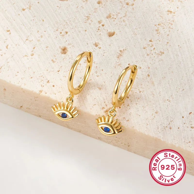 Sterling Silver Evil Eye  Hoop Earrings with Blue Crystal Charm - Image 2