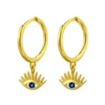 Sterling Silver Evil Eye  Hoop Earrings with Blue Crystal Charm