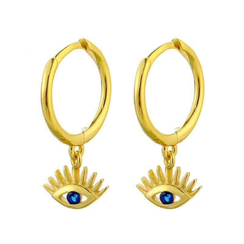 Sterling Silver Evil Eye  Hoop Earrings with Blue Crystal Charm