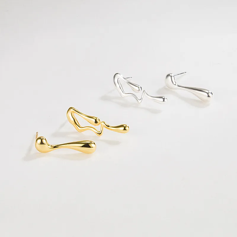 Sterling Silver Abstract Fluid Gold Drop Earrings