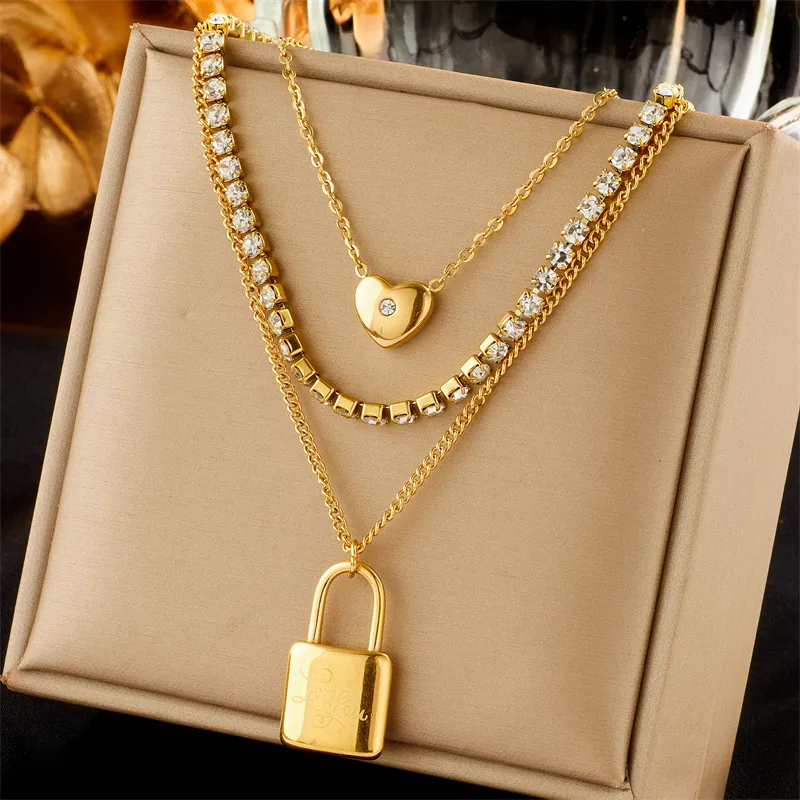 Layered Heart & Lock Pendant Necklace - Image 2
