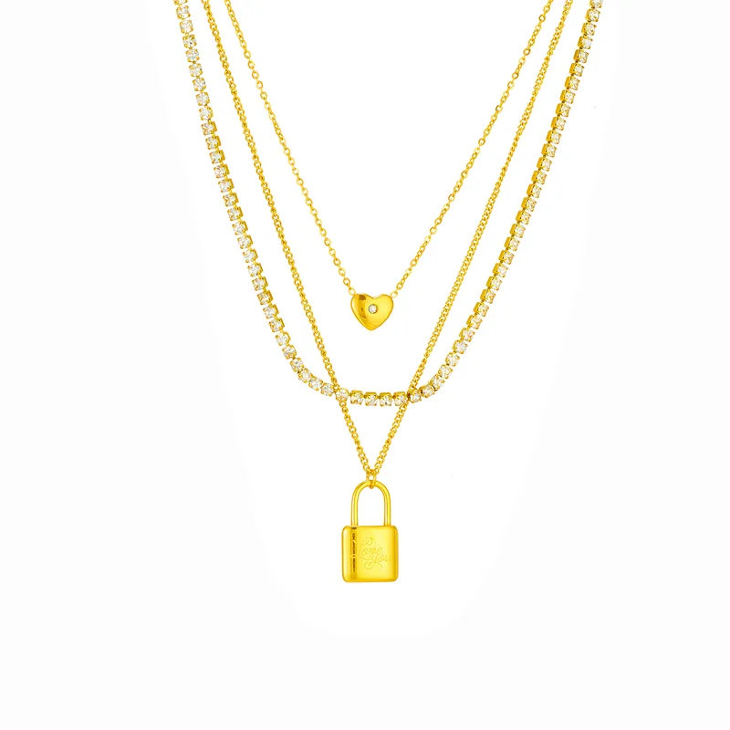 Layered Heart & Lock Pendant Necklace